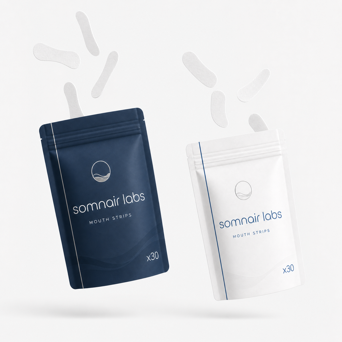 Somnair Mouth Strips navy and white pouches