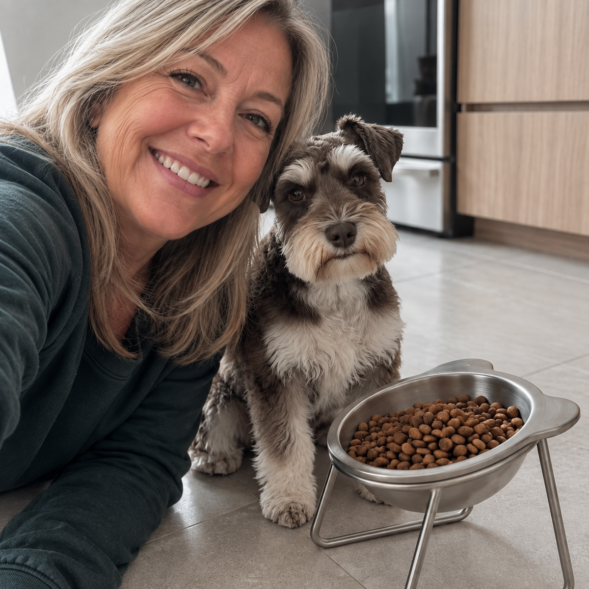 A woman beside her schnauzer and a Somnair elevated tilted dog bowl