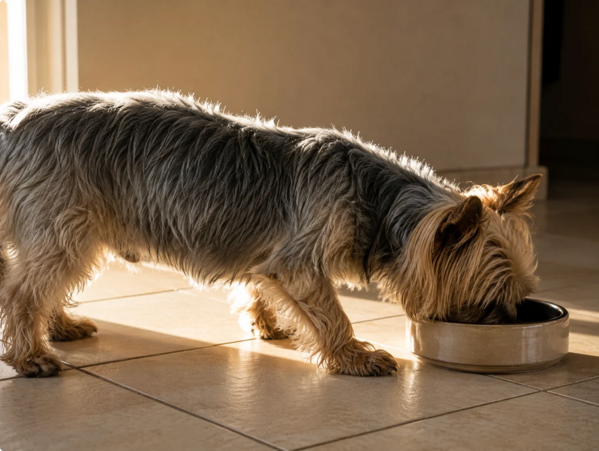 A terrier bending down to eat from a bowl on the floor