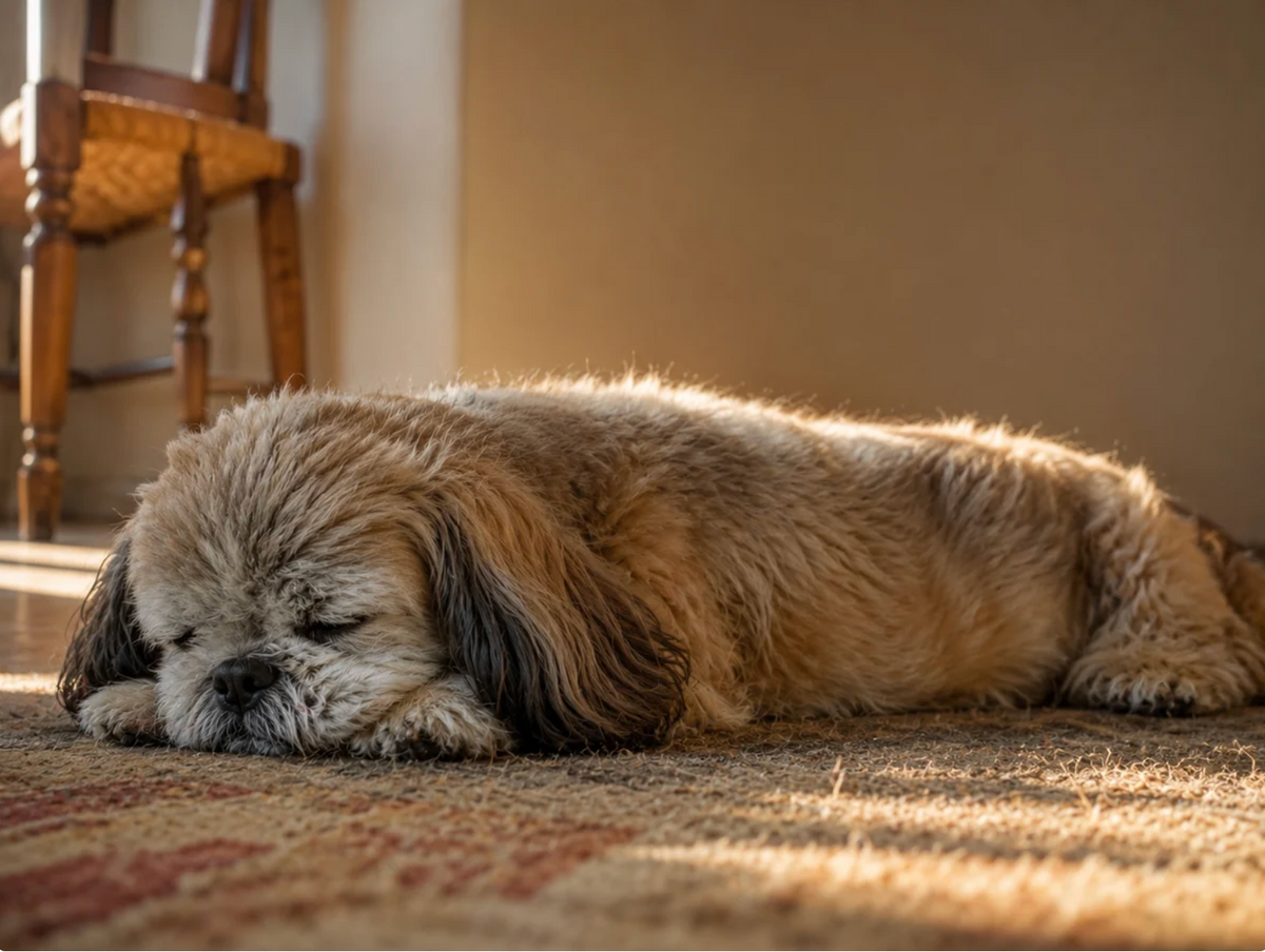 An older dog sleeping peacefully on a rug at home