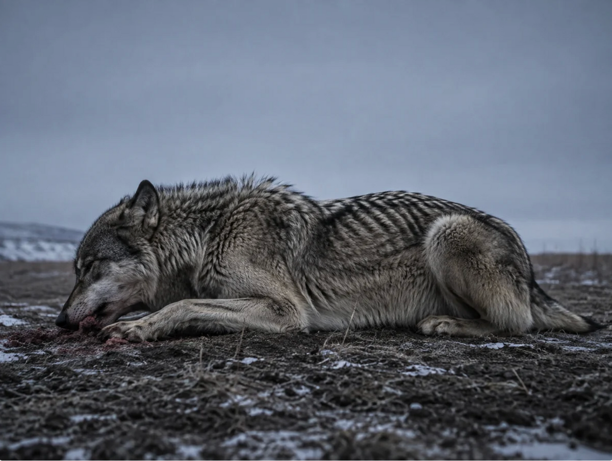 A gray wolf eating off the bare ground in the wild