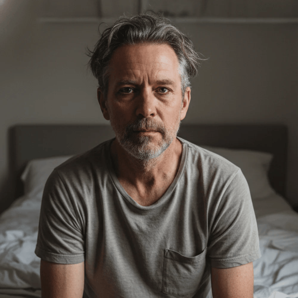 Exhausted on the edge of the bed after another broken night